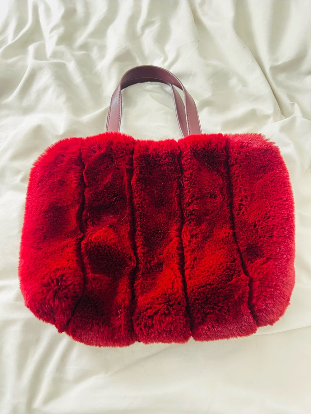 Anthropologie Plush Red Faux Fur Tote with Leather Handles